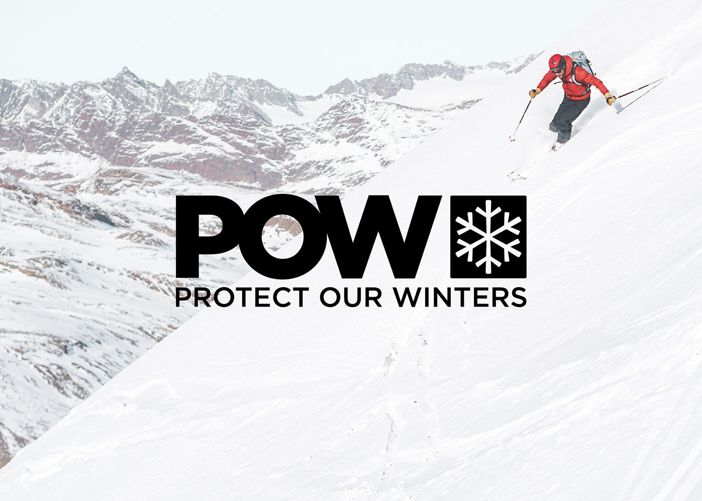 A "POW" "Protect Our Winters" logo overlayed on an image of a man skiing down a mountain.
