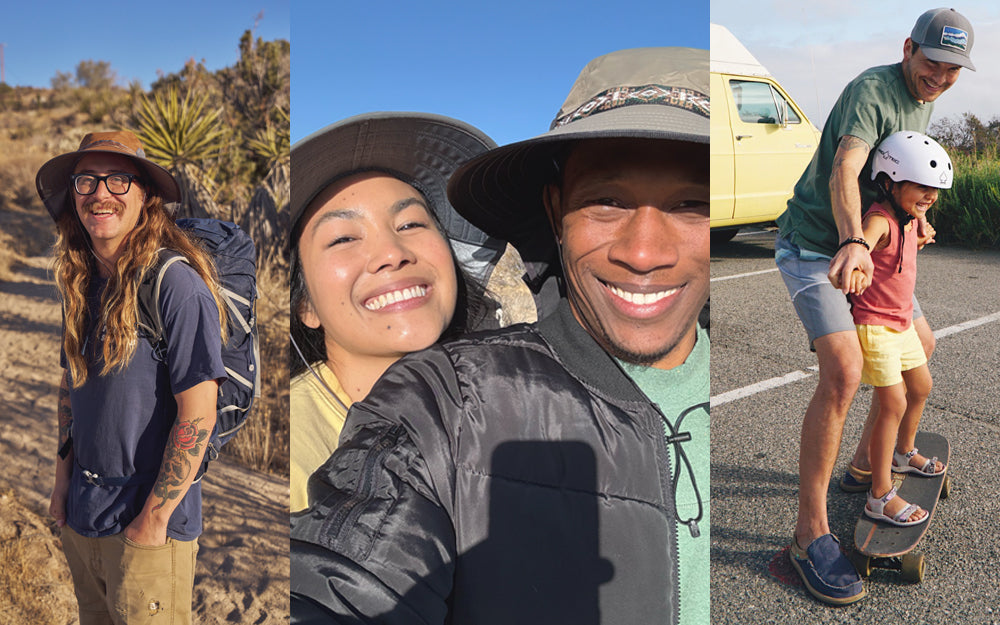 A collage of people wearing Sunday Afternoons hats doing different activities. On the left a man wearing a Sunday Afternoons Adventure Hat in a desert setting, in the middle a couple both smiling and wearing Sunday Afternoons hats, and on the right a dad wearing a Sunday Afternoons hat while helping his daughter to skateboard.