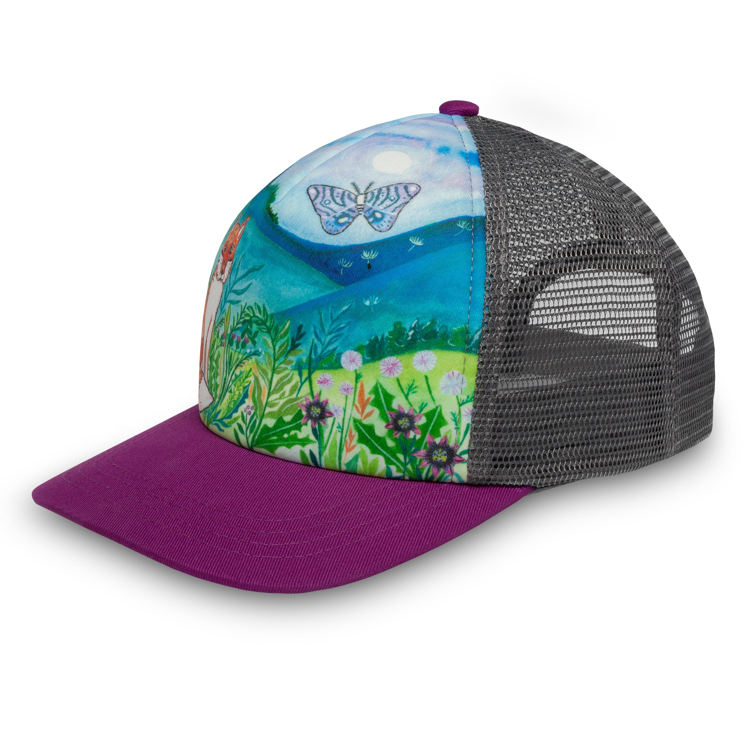 Trucker hat with colorful design and purple brim on a white background