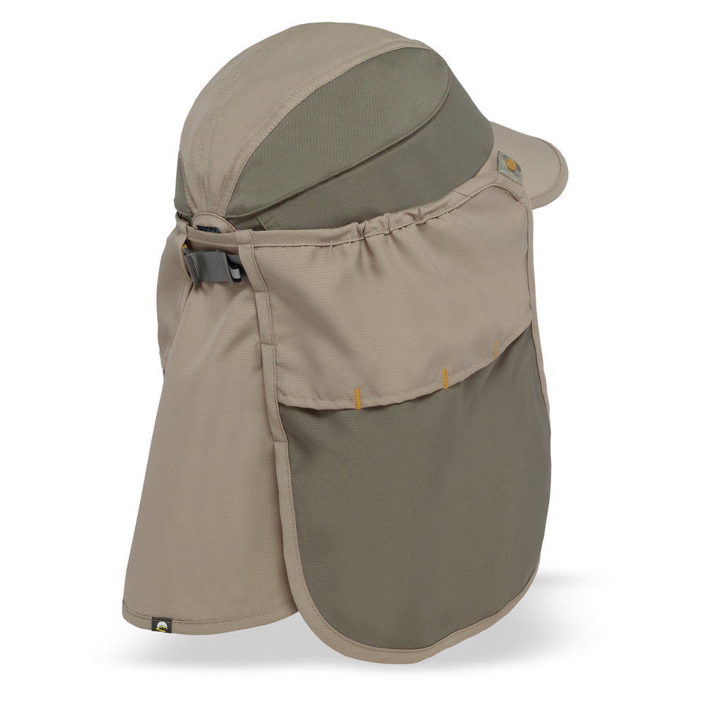 A beige and gray sun hat with an attached neck flap and chin strap, shown from a three-quarter angle on a white background.
