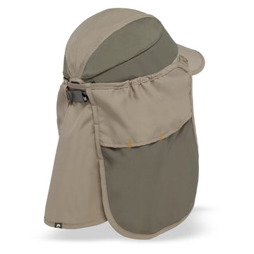 A beige and gray sun hat with an attached neck flap and chin strap, shown from a three-quarter angle on a white background.