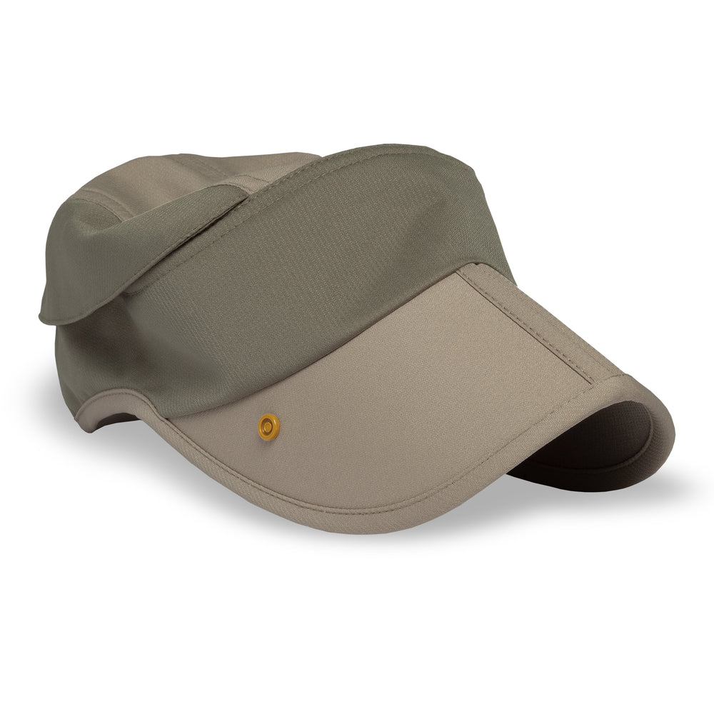 A two-tone baseball cap in olive green and beige, featuring a small gold button on the brim, shown on a white background.