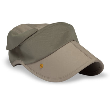 A two-tone baseball cap in olive green and beige, featuring a small gold button on the brim, shown on a white background.