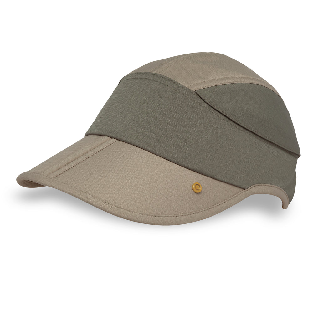 A multi-panel running cap in beige and olive green, featuring a curved brim and a small gold button on the side, shown against a plain white background.