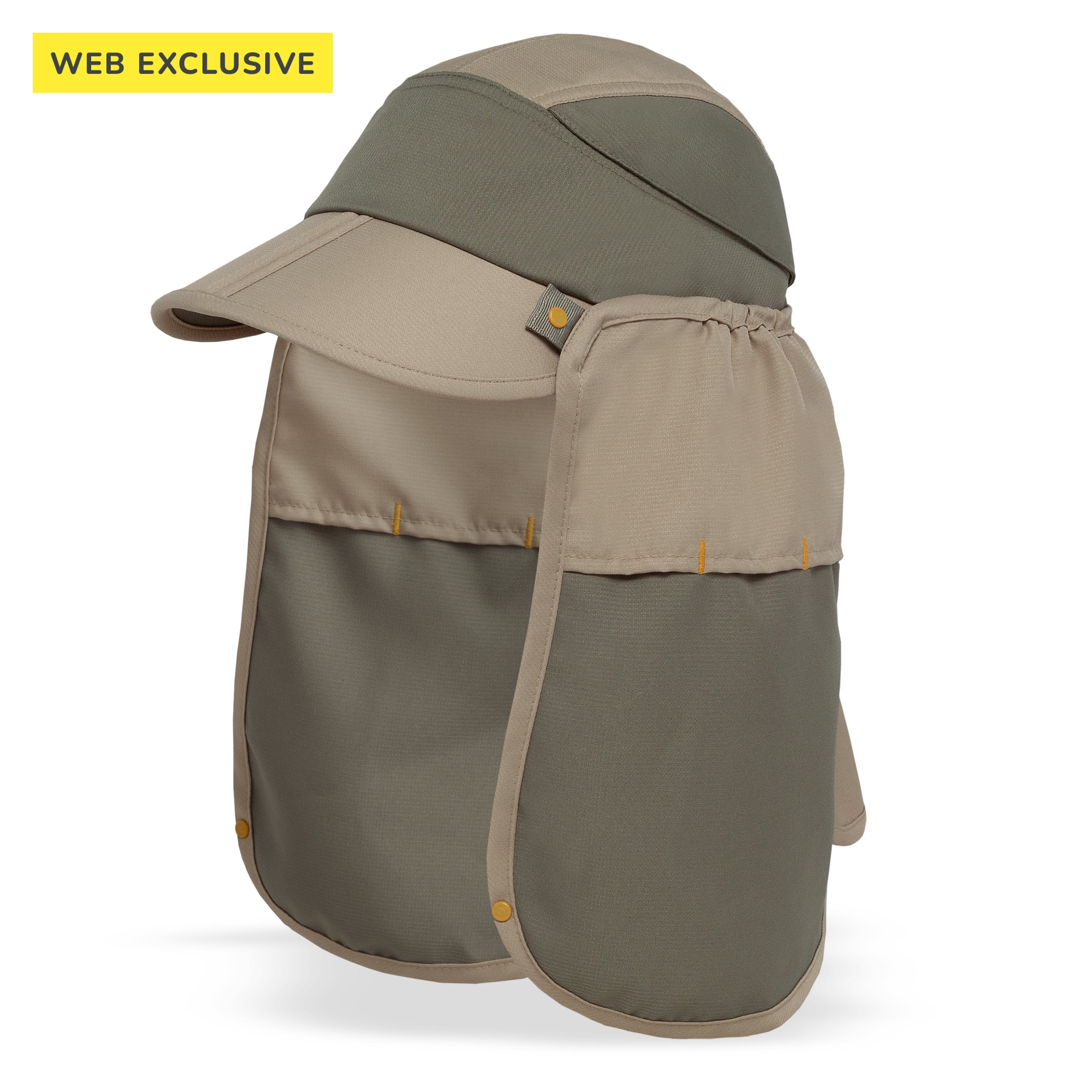 A two-tone sun hat with an attached neck flap and chin strap, shown on a white background. The top of the hat and the neck flap are olive green, while the brim and drawstring panel are beige.