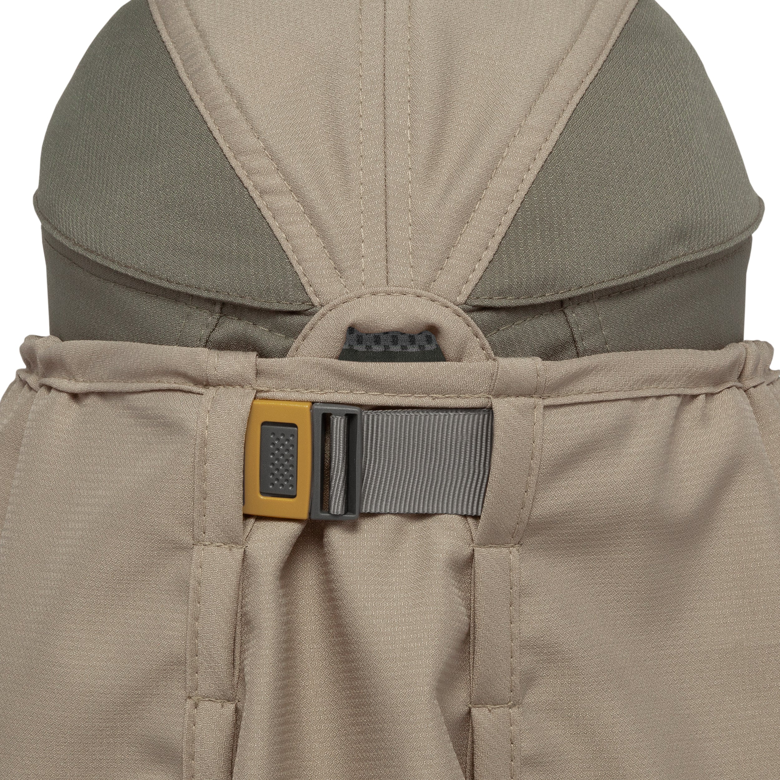 Close-up of a beige and gray backpack waist strap buckle closure, showing the textured fabric and adjustment strap.