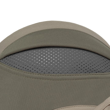 Close-up detail of a product showing a curved olive green fabric surface with a gray perforated mesh section and a beige stitched trim against a white background.