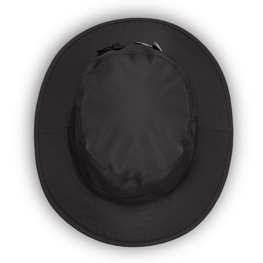 A black wide-brim bucket hat shown from a top-down view on a white background.