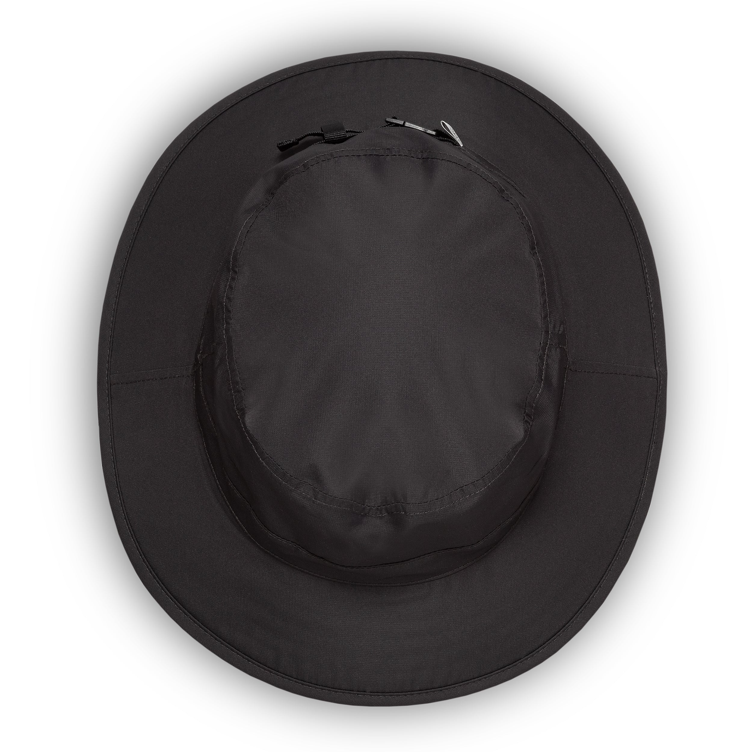 A black wide-brim bucket hat shown from a top-down view on a white background.