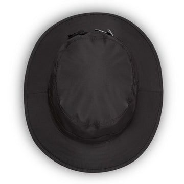 A black wide-brim bucket hat shown from a top-down view on a white background.