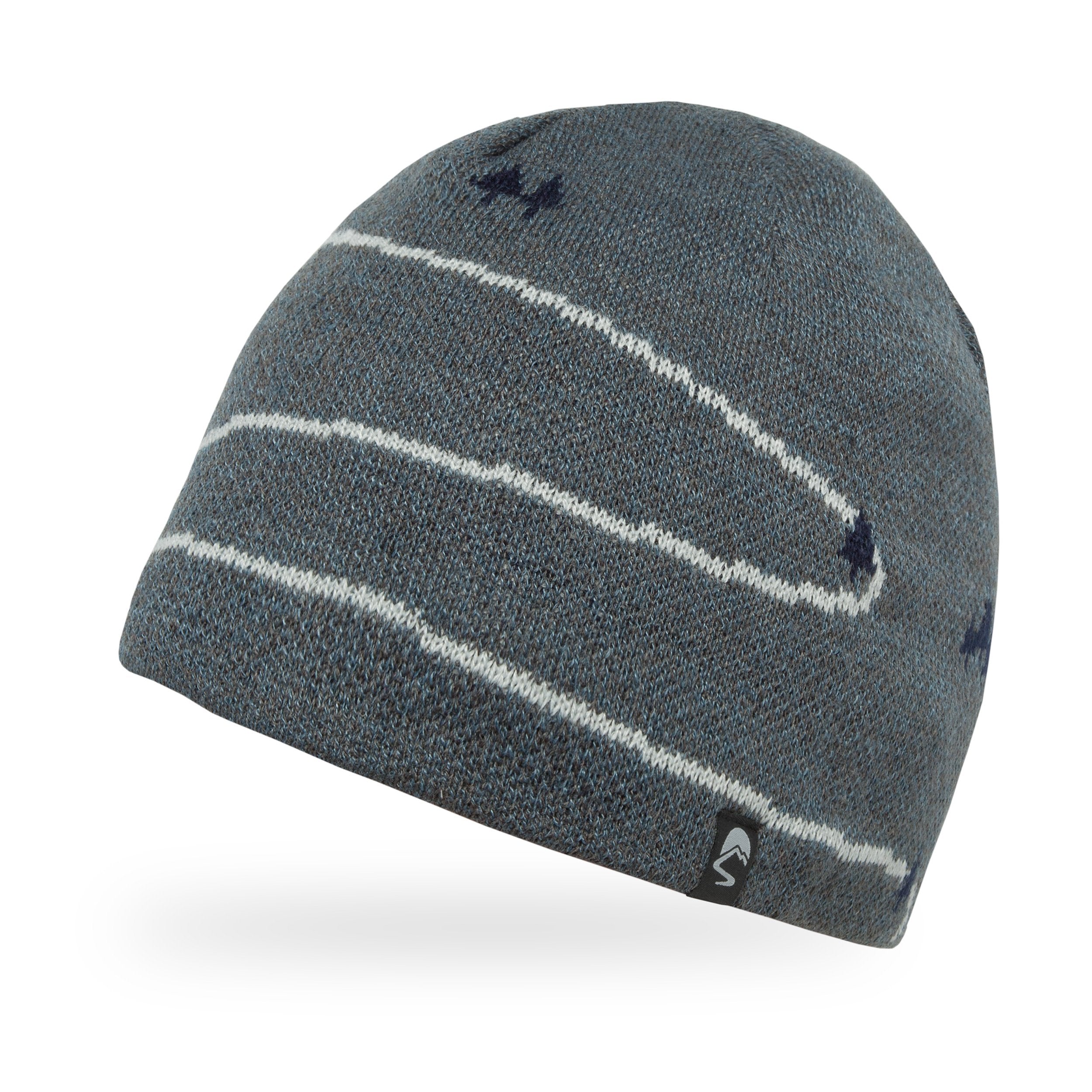A gray and black striped beanie with a windproof fleece earband and a fitted crown.
